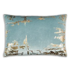 Inspire Me! Cloud9d Asra – Oblong Teal Velvet Pillow W/ Quilting And Shiny Gold Foil Print – 20″ X 14″ PILLOWS, RUGS, & THROWS Fashion