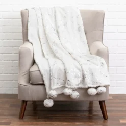 Inspire Me! Cloud9d Rami – Faux Fur Throw W/ Silver Metallic Printing And Pom Pom Trim – 60″ X 50″ Best
