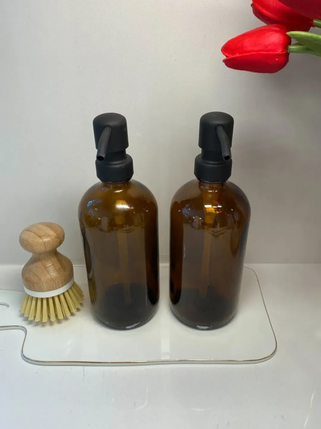 Inspire Me! Home Decor Amber Glass Soap Dispenser W/ Matte Black Finish Pump KITCHEN Clearance