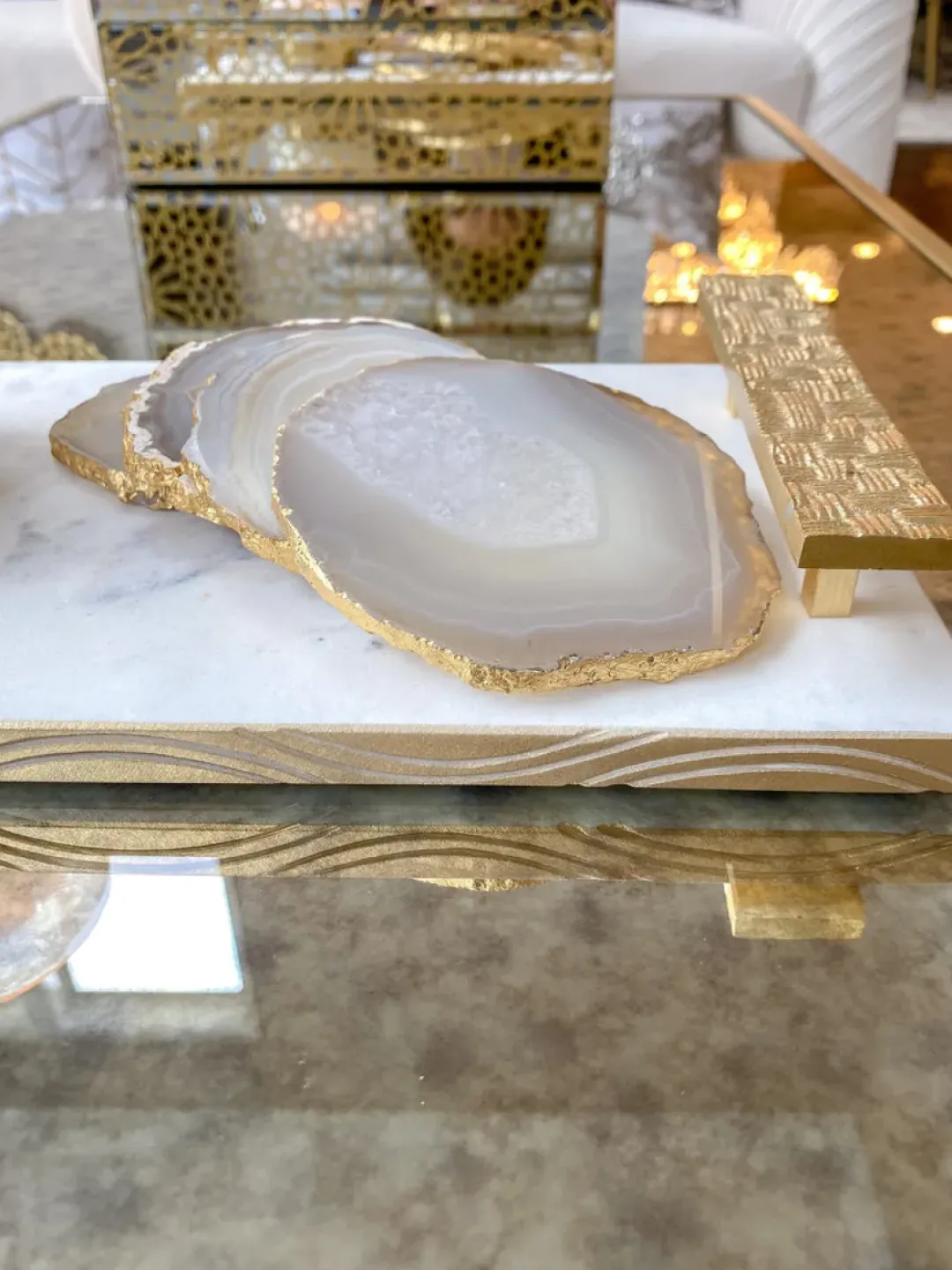 Inspire Me! Home Decor Beige Stone Agate Coasters W/ Gold Edge ( Set Of 4) Fashion