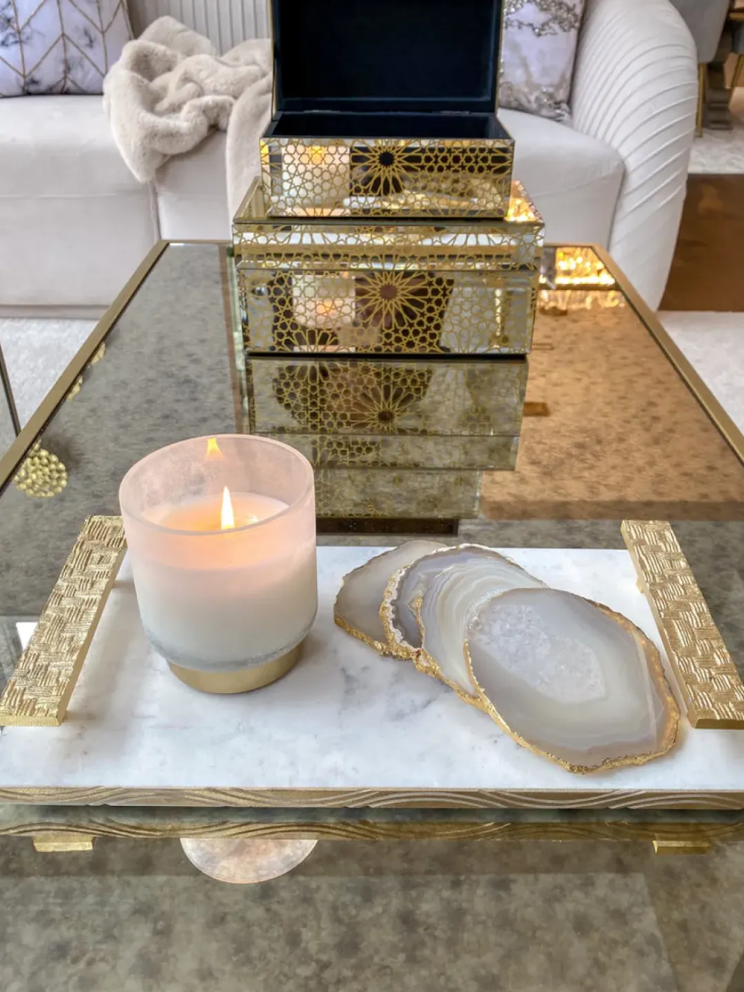 Inspire Me! Home Decor Beige Stone Agate Coasters W/ Gold Edge ( Set Of 4) Fashion