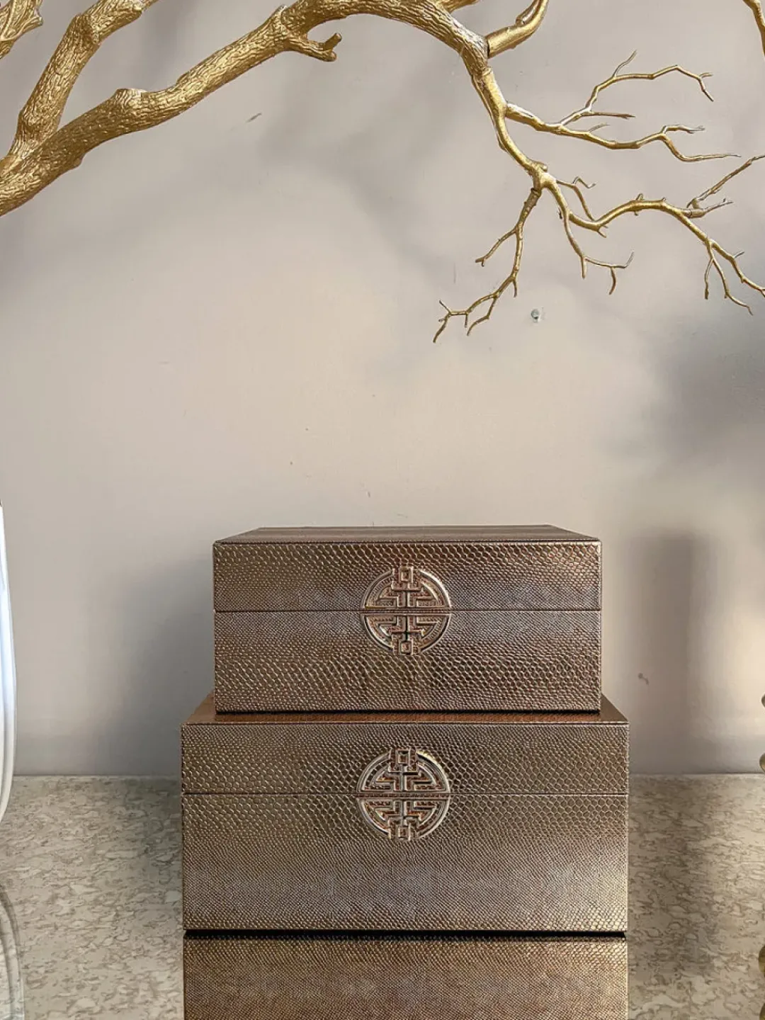 Inspire Me! Home Decor Bronze/Gold Faux Leather Boxes (Set Of 2) Outlet