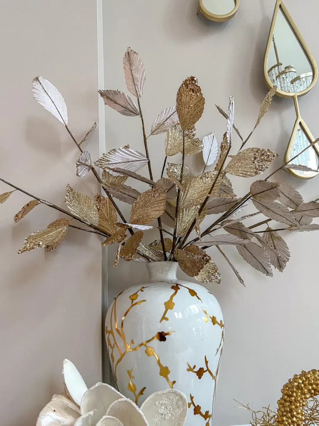 Inspire Me! Home Decor Floral Stems Gold And White Leaf Stem With Bead Detail Sale