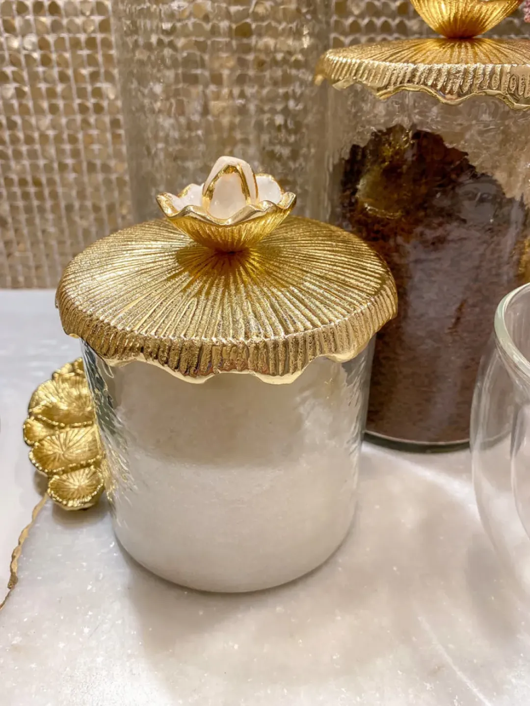Inspire Me! Home Decor Glass Canister On Gold Twig Base With Marble Lid (3 Sizes) New