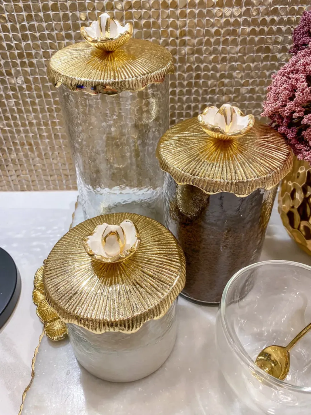 Inspire Me! Home Decor Glass Canister On Gold Twig Base With Marble Lid (3 Sizes) New