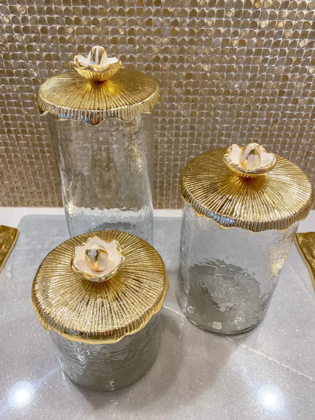 Inspire Me! Home Decor Glass Canister On Gold Twig Base With Marble Lid (3 Sizes) New