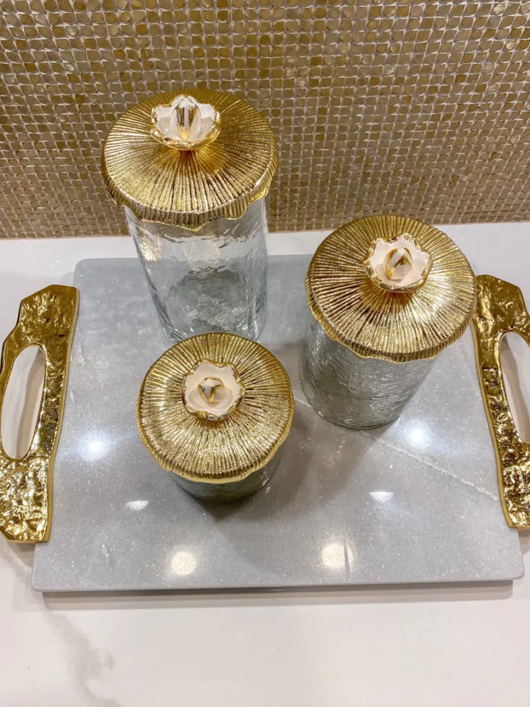 Inspire Me! Home Decor Glass Canister On Gold Twig Base With Marble Lid (3 Sizes) New