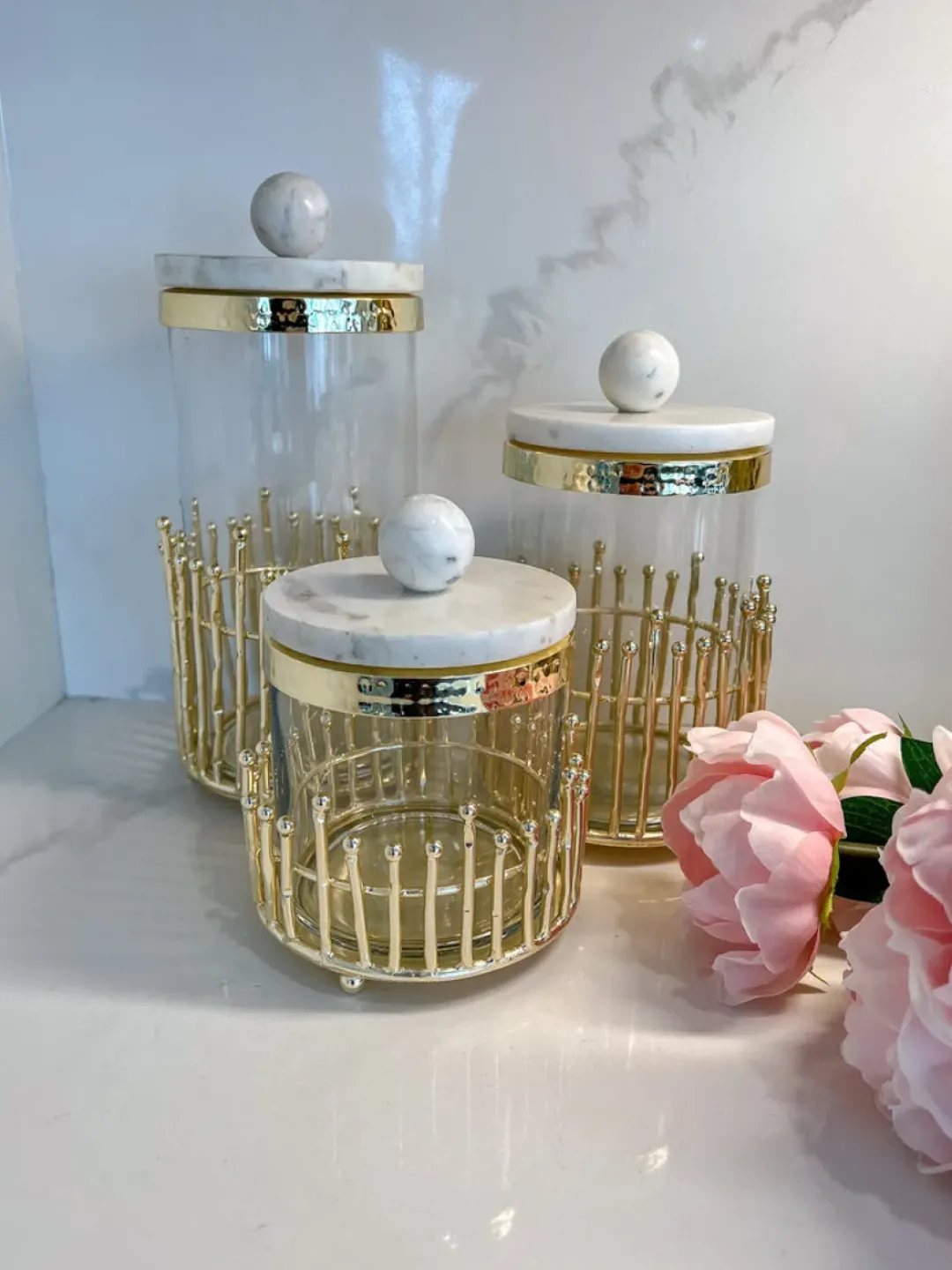 Inspire Me! Home Decor Glass Canister With Gold Lattice Design And Marble And Gold Lid (3 Sizes) Online