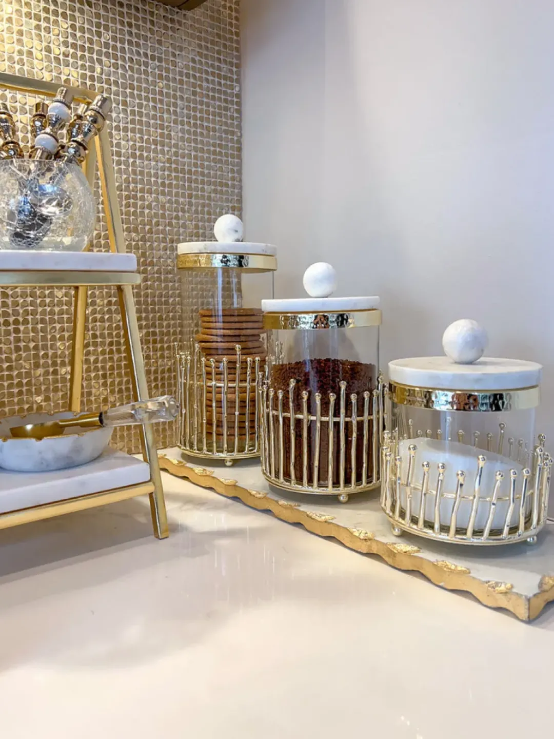 Inspire Me! Home Decor Glass Canister With Gold Lattice Design And Marble And Gold Lid (3 Sizes) Online