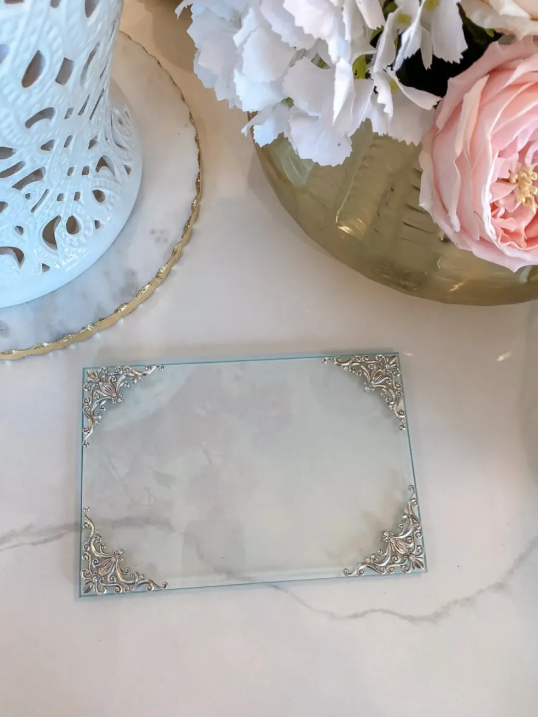 Inspire Me! Home Decor Glass Tray W/ Silver Corner Details And Swarovski Crystals Sale