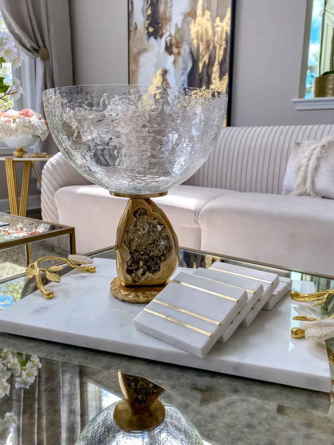 Inspire Me! Home Decor Gold Floral Crystal Handled Glass Tray Clearance