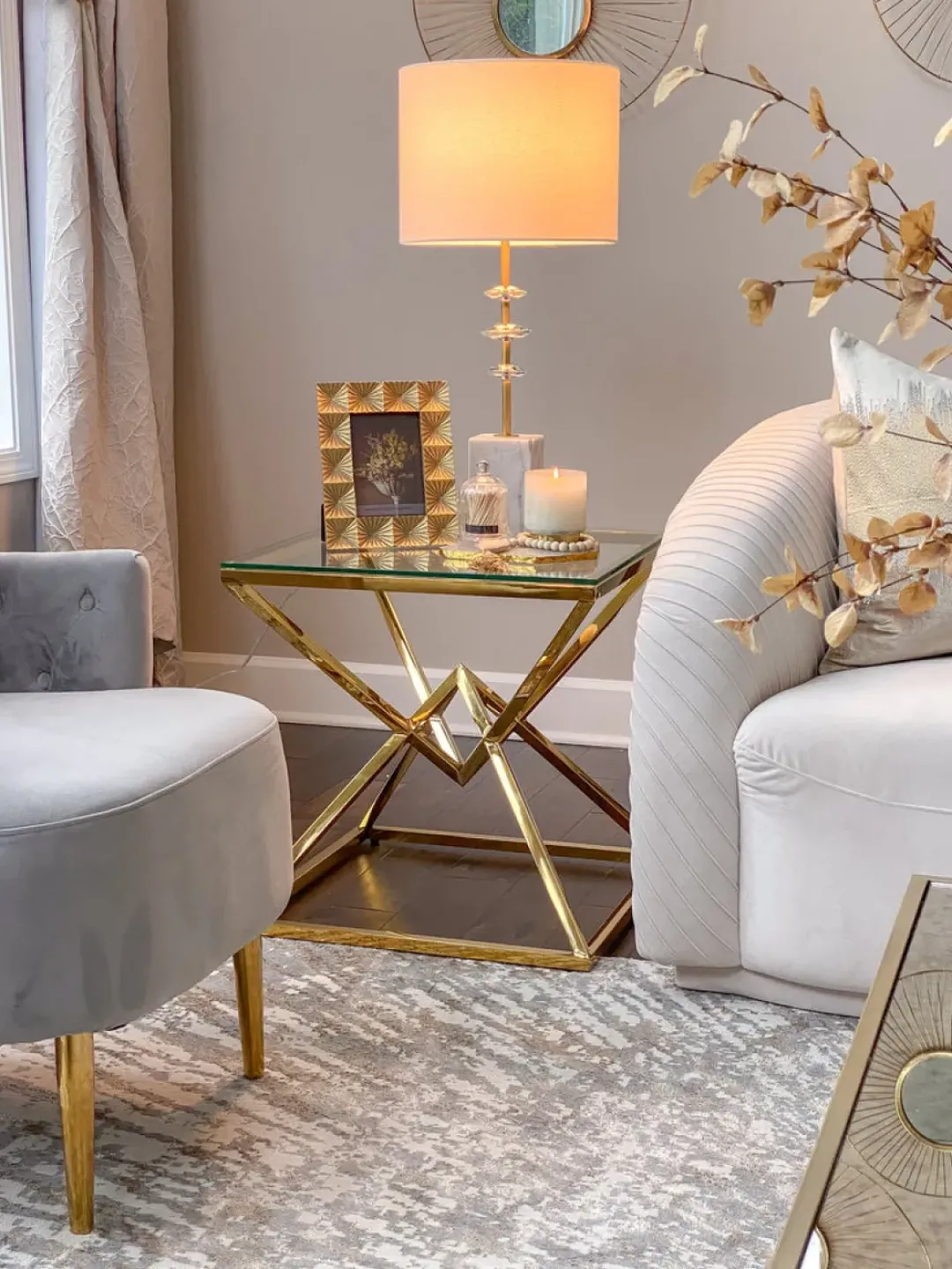 Inspire Me! Home Decor Gold Geometric Glass Top Side Table Clearance