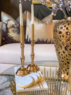 Inspire Me! Home Decor Gold Metal And Marble Hurricane Candle Holder New