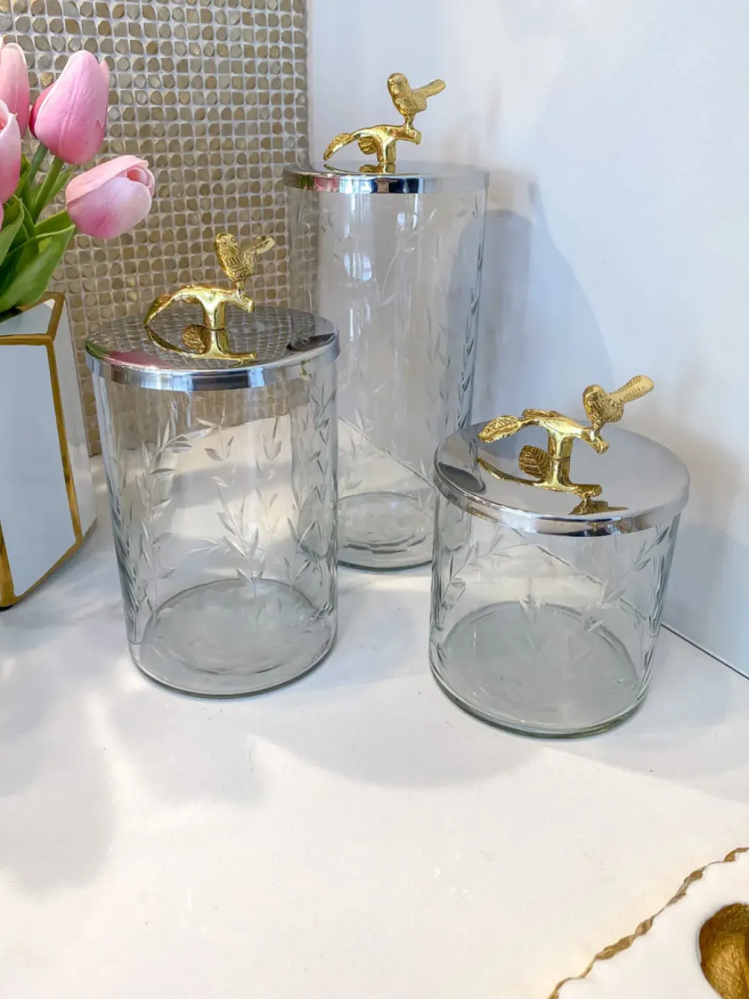 Inspire Me! Home Decor Gold Or Silver Canisters With Floral Lotus Lid (2 Colors) Clearance