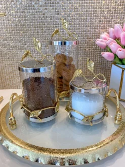 Inspire Me! Home Decor Gold Or Silver Metal Floral Glass Canisters With Marble Lid-With Metal Rim (3 Sizes) (2 Colors) Outlet