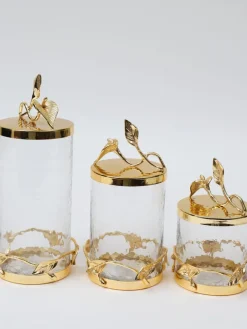 Inspire Me! Home Decor Gold Or Silver Metal Leaf Branch W/ Marble Ball Lid Canisters- With Metal Rim (3 Sizes & 2 Colors) Online