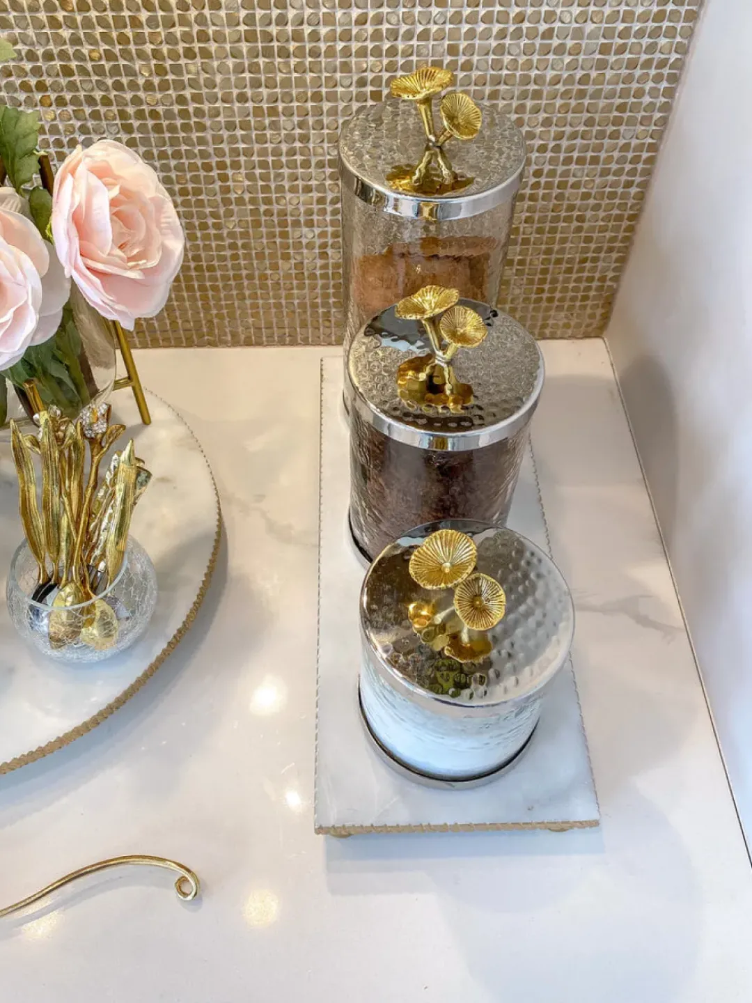 Inspire Me! Home Decor Hammered Glass Canister With White Jeweled Flower Details (3 Sizes) Gold Sale