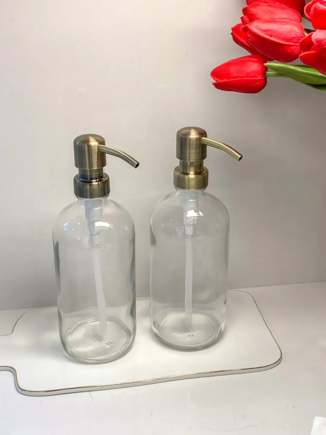 Inspire Me! Home Decor KITCHEN Clear Glass Soap Dispenser W/ Brass Finish Pump Outlet
