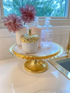 Inspire Me! Home Decor Large Round Decorative Mirror Tray With Gold Petal Handle Details New