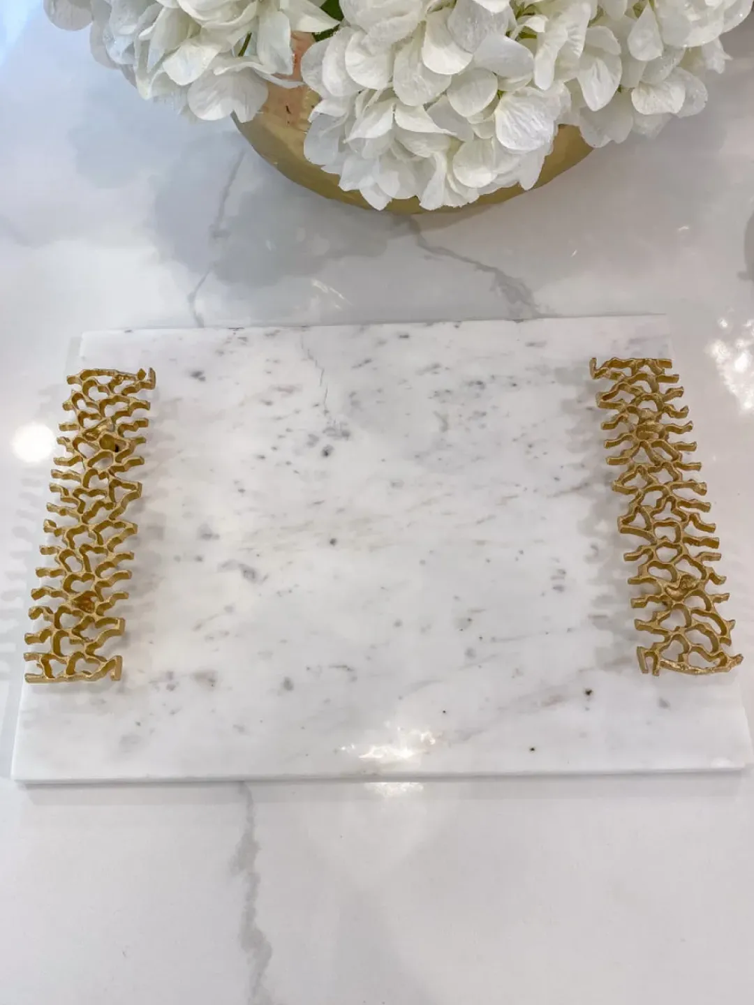 Inspire Me! Home Decor Marble Tray W/ Silver Edge And Textured Handles New