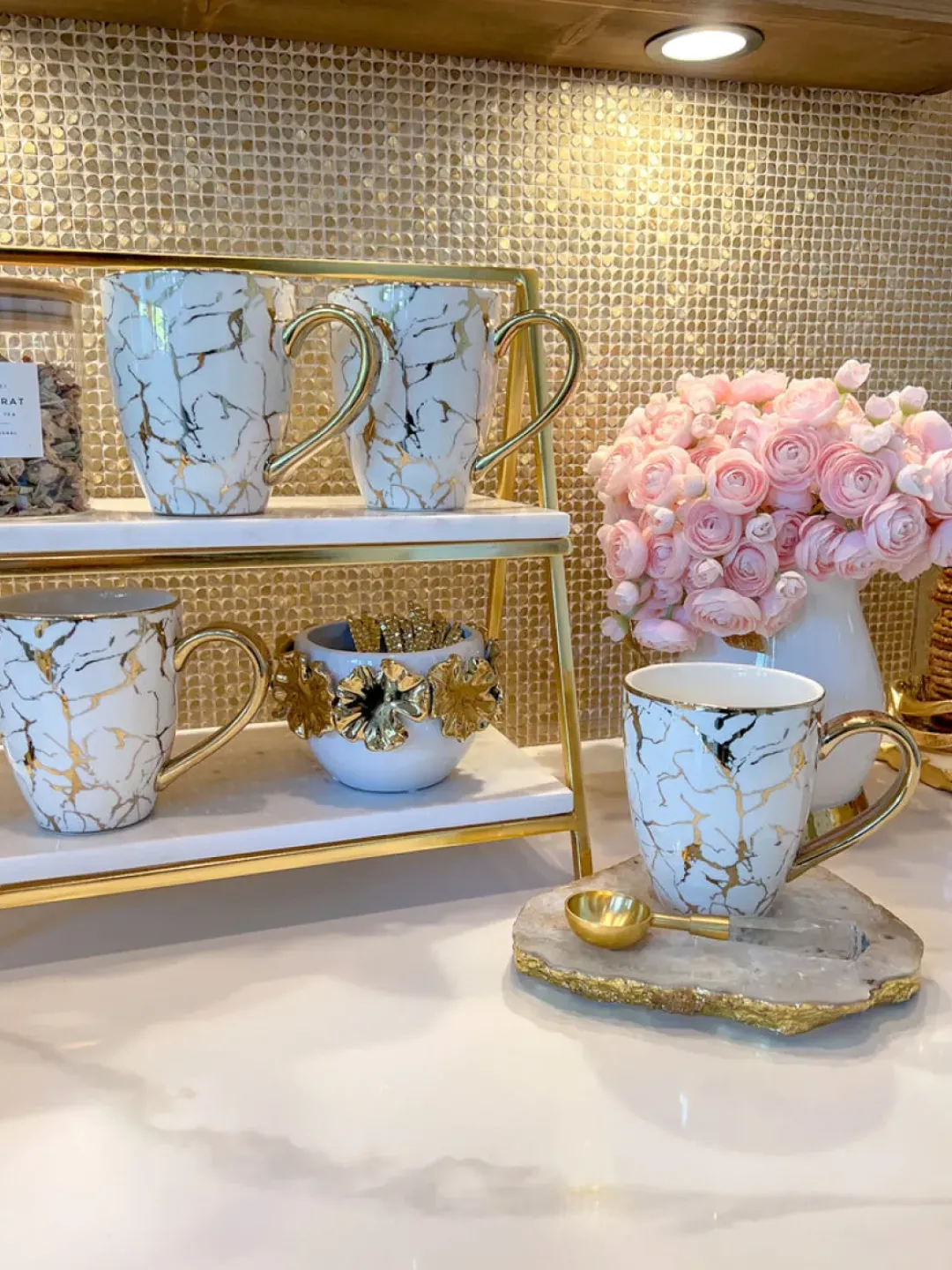 Inspire Me! Home Decor Metallic Gold Marble Print Mug With Hammered Texture Fashion