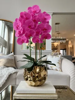 Inspire Me! Home Decor Pink Faux Orchid In Beveled Gold Pot “From Pops Of Color Home Collection” Floral Stems Online