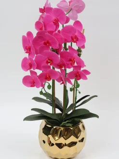 Inspire Me! Home Decor Pink Faux Orchid In Beveled Gold Pot “From Pops Of Color Home Collection” Floral Stems Online