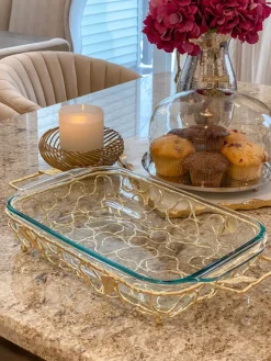Inspire Me! Home Decor Rectangle Marble Tray With Gold Handles & Hammered Gold Edge New