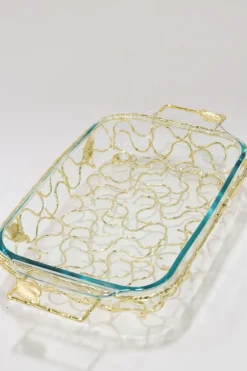 Inspire Me! Home Decor Rectangle Marble Tray With Gold Handles & Hammered Gold Edge New