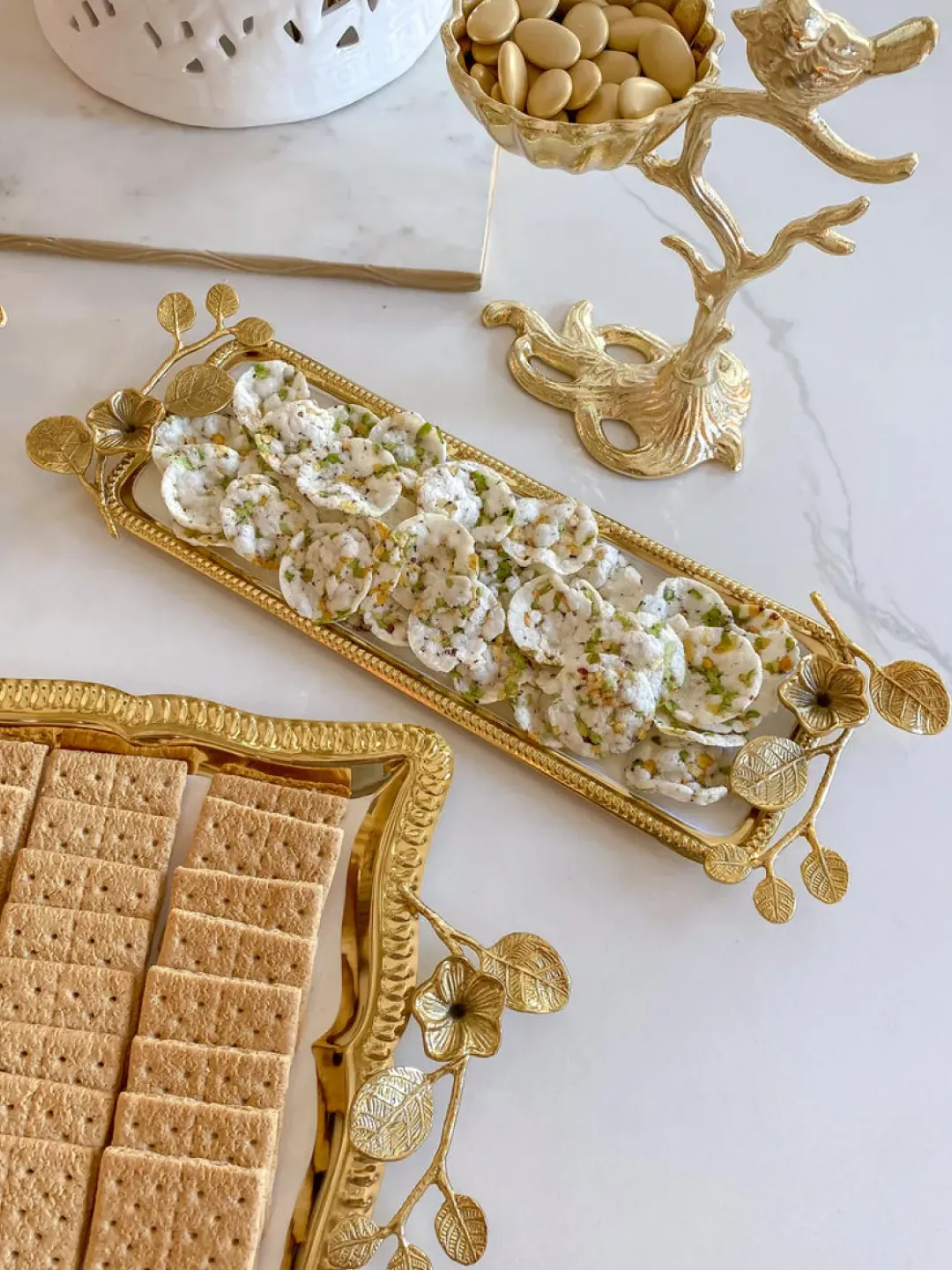 Inspire Me! Home Decor Rectangle Gold Floral Tray With White Enamel Interior Fashion