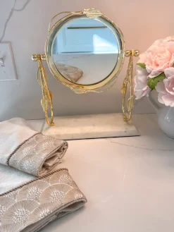 Inspire Me! Home Decor Round Table Mirror With Leaf Design Border And Marble Base (2 Colors) Gold Sale