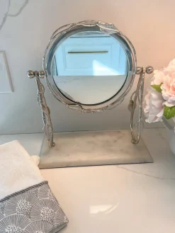 Inspire Me! Home Decor Round Table Mirror With Leaf Design Border And Marble Base (2 Colors) Gold Sale