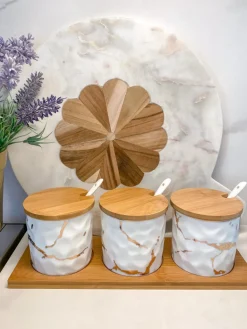 Inspire Me! Home Decor (Set Of 3) Metallic Gold Marble Print Spice Jars With Spoons And Wooden Lid With Tray Online