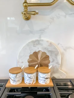 Inspire Me! Home Decor (Set Of 3) Metallic Gold Marble Print Spice Jars With Spoons And Wooden Lid With Tray Online