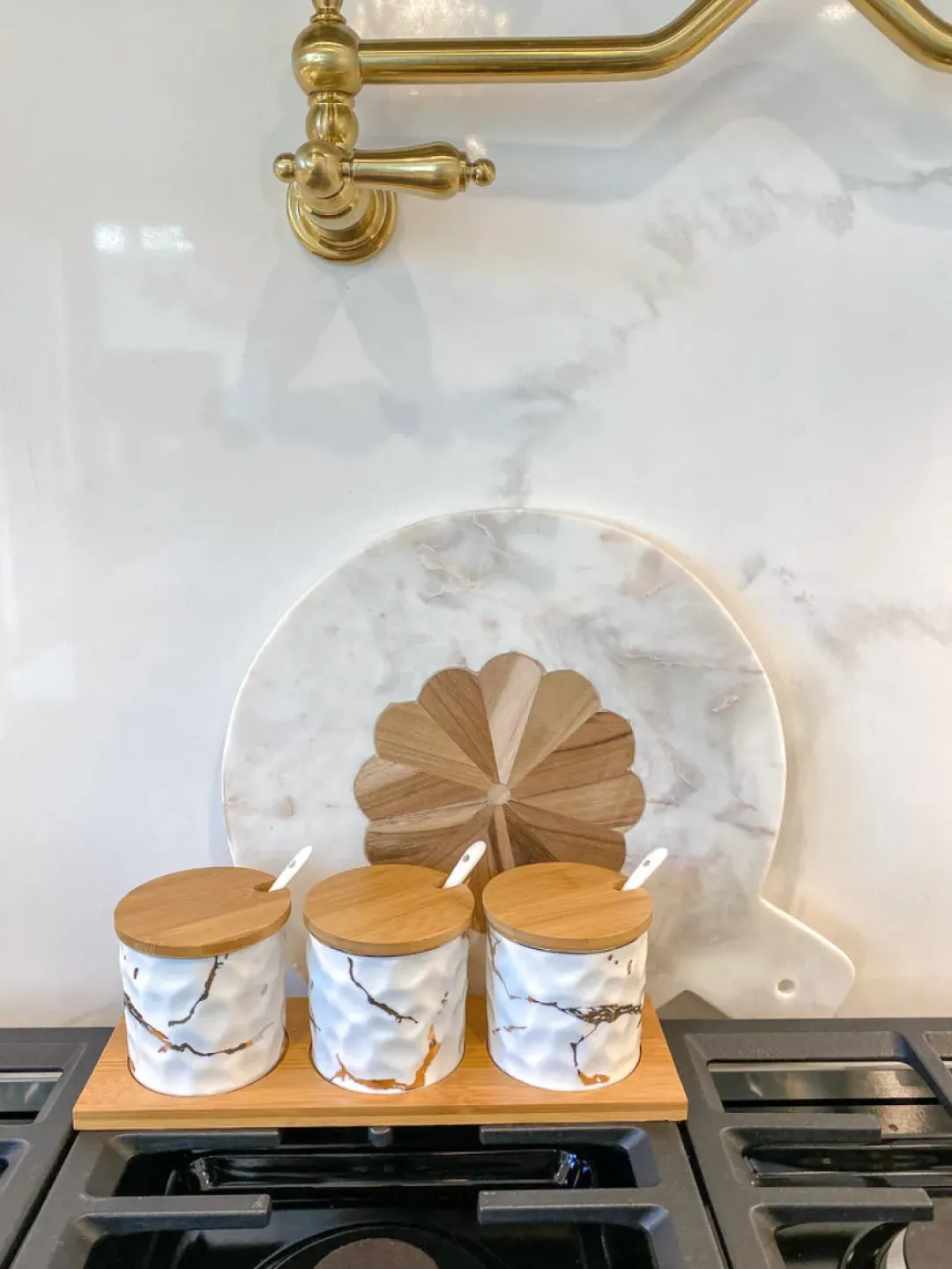 Inspire Me! Home Decor (Set Of 3) Metallic Gold Marble Print Spice Jars With Spoons And Wooden Lid With Tray Online