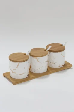 Inspire Me! Home Decor (Set Of 3) Metallic Gold Marble Print Spice Jars With Spoons And Wooden Lid With Tray Online