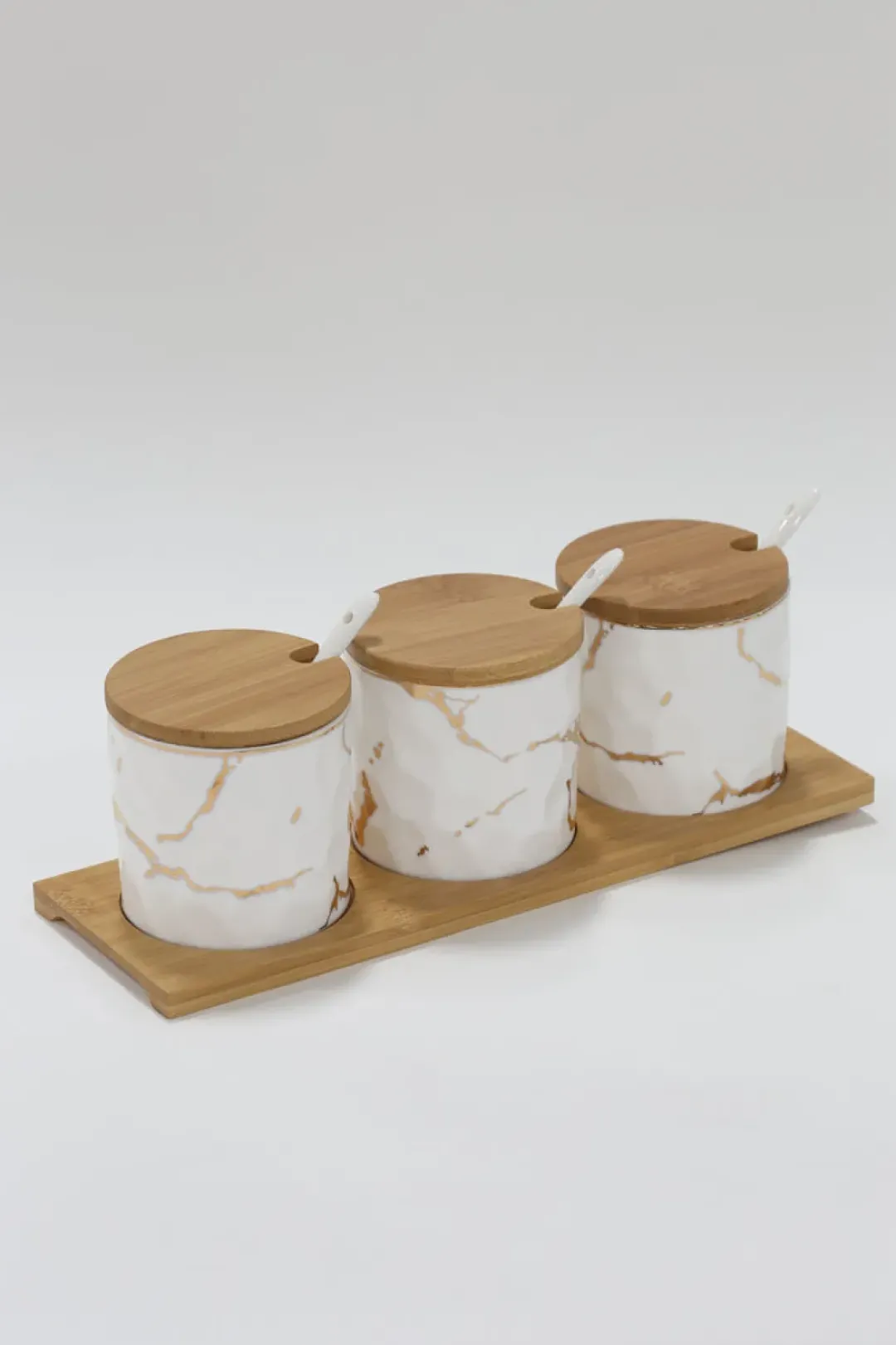 Inspire Me! Home Decor (Set Of 3) Metallic Gold Marble Print Spice Jars With Spoons And Wooden Lid With Tray Online