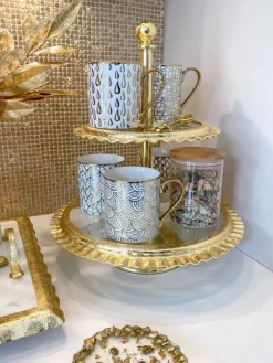Inspire Me! Home Decor Silver Metal Oval Tray With Glass Mug & Cake Dome And Gold Leaf Details Fashion
