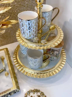 Inspire Me! Home Decor Silver Metal Oval Tray With Glass Mug & Cake Dome And Gold Leaf Details Fashion