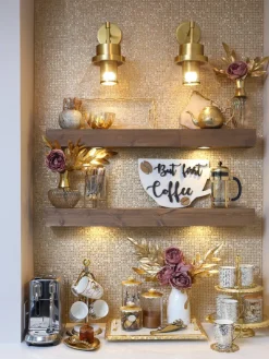Inspire Me! Home Decor Silver Metal Oval Tray With Glass Mug & Cake Dome And Gold Leaf Details Fashion
