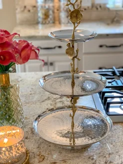 Inspire Me! Home Decor 3-Tier Dessert Stand With Gold Flowers New