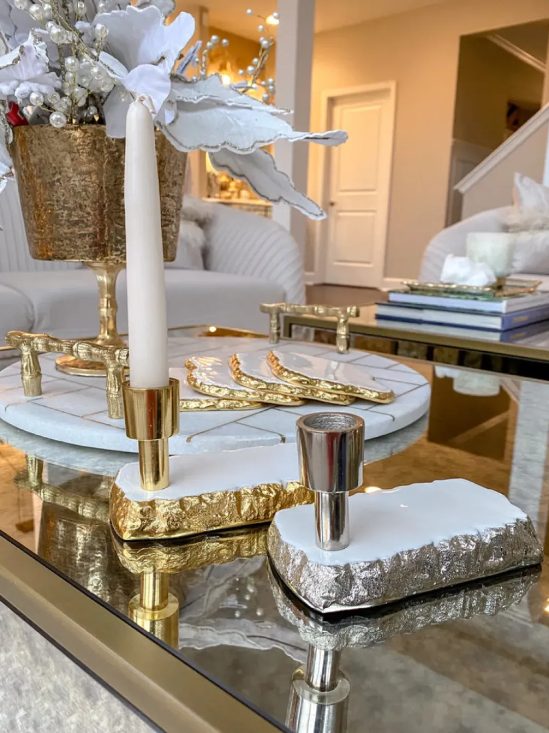 Inspire Me! Home Decor White Ceramic Candle Holder With Gold Elegant Details (2 Sizes) Best