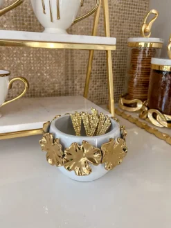 Inspire Me! Home Decor White Ceramic Bowl With Gold Leaf Details And Base (2 Sizes) Discount