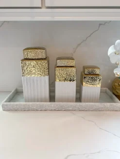 Inspire Me! Home Decor White Ceramic Spoon Holder/Vase With Gold Petal Design New