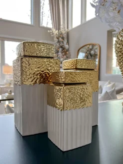 Inspire Me! Home Decor White Ceramic Spoon Holder/Vase With Gold Petal Design New