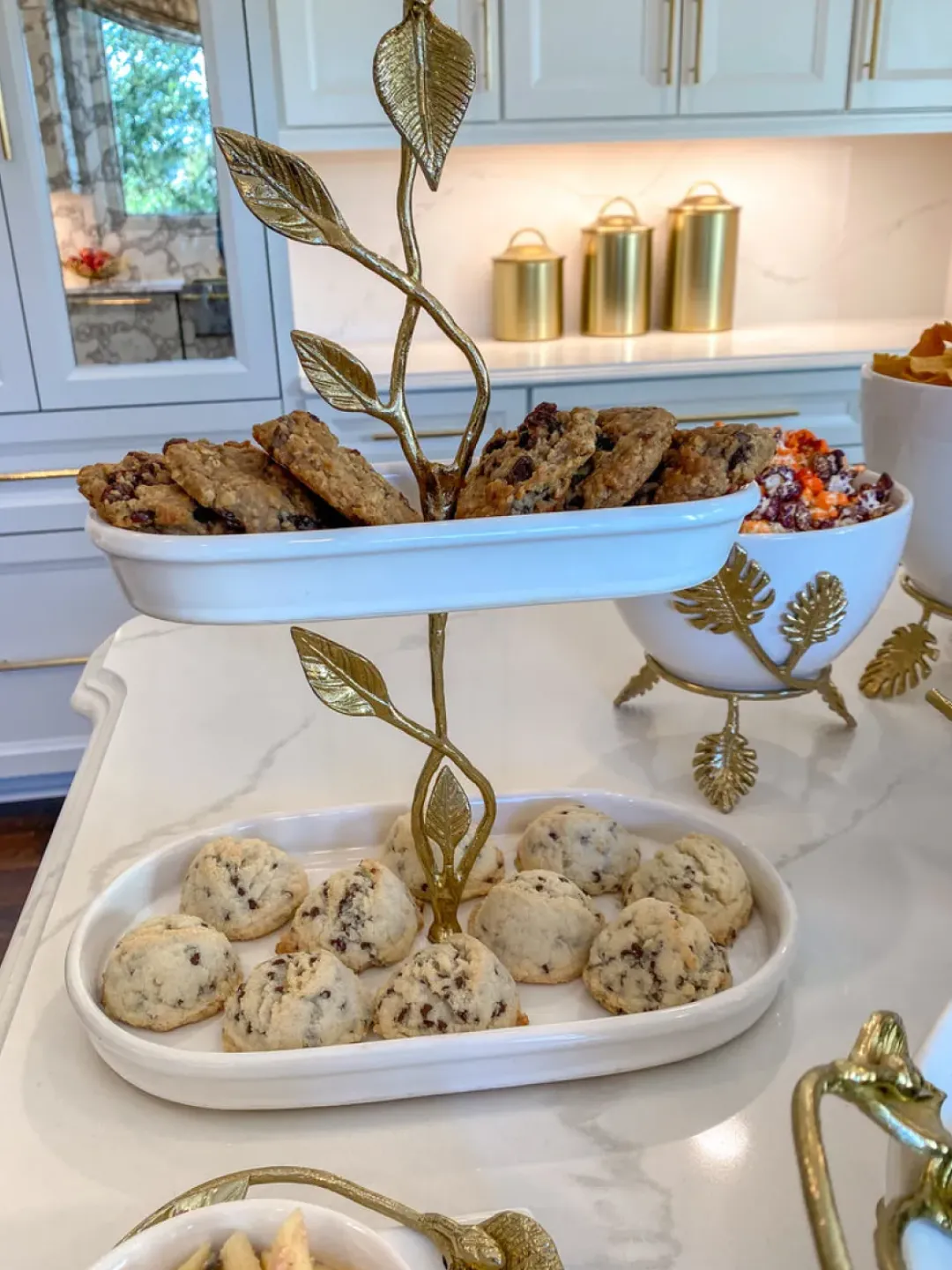 Inspire Me! Home Decor White Ceramic Two Tier Cake Stand With Gold Textured Details ” From Pops Of Color Home Collection” Fashion