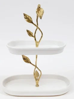 Inspire Me! Home Decor White Ceramic Two Tier Cake Stand With Gold Textured Details ” From Pops Of Color Home Collection” Fashion