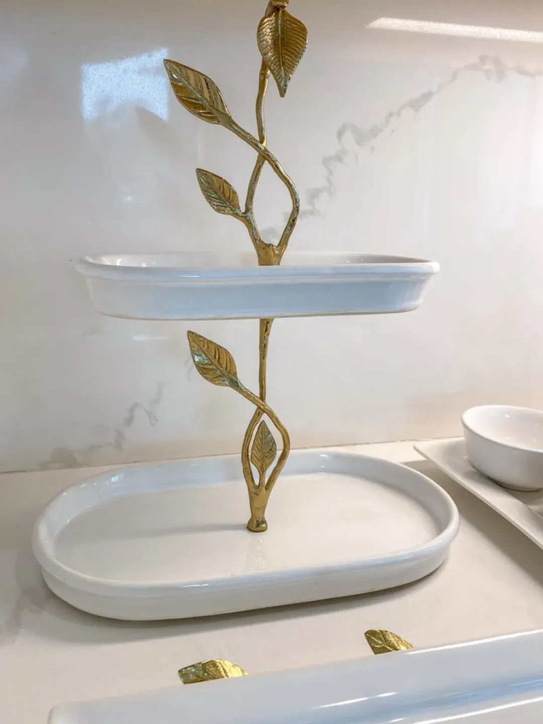 Inspire Me! Home Decor White Ceramic Two Tier Cake Stand With Gold Textured Details ” From Pops Of Color Home Collection” Fashion