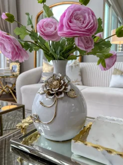 Inspire Me! Home Decor White Ceramic Vase With Gold Flower Design Sale