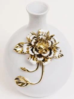 Inspire Me! Home Decor White Ceramic Vase With Gold Flower Design Sale
